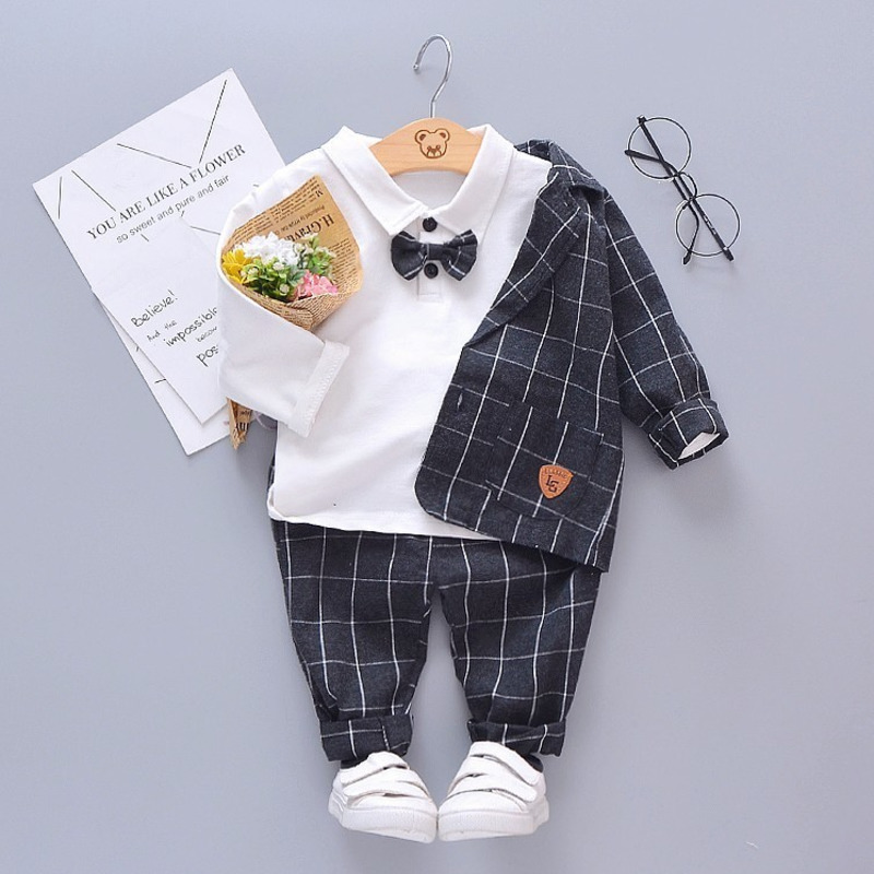 2020 New Spring Children Kids Tie Blazer Formal Cotton Gentleman Casual Boys Jackets T-Shirt Pants 3pcs/sets Infant Suit Clothes LJ200831