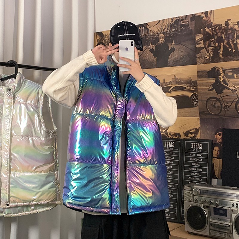 New Winter Thick Vest Men Doudoune Gilet Colorful Luminous Fabric Warm Padded Waistcoat Sleeveless Jacket Coat Blue White 201216