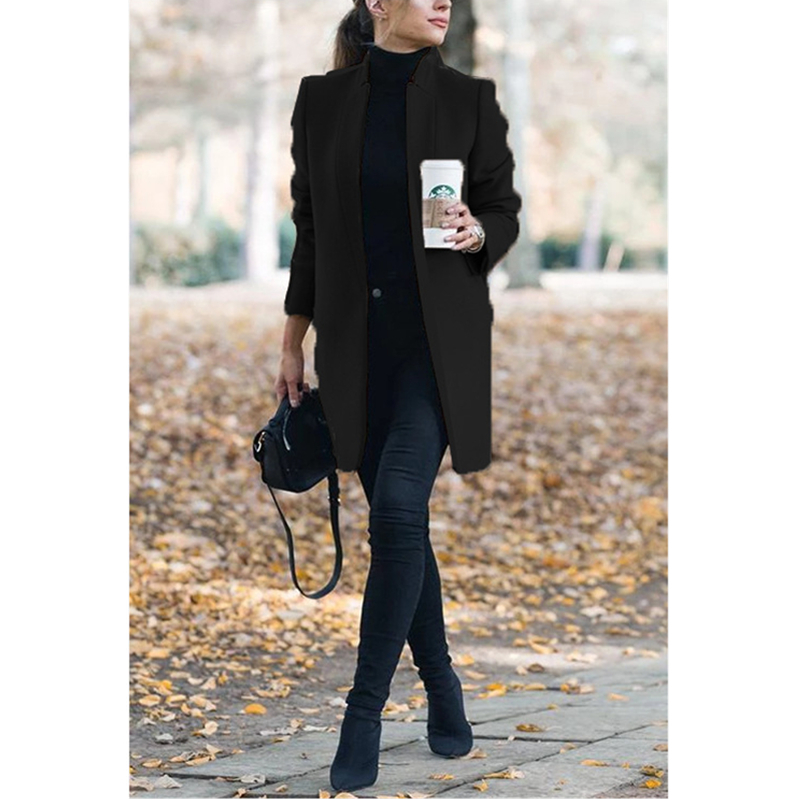 Woolens Overcoats Women Autumn Winter Stand Neck Long Sleeve Pockets Thin Wool Coats Casual Female Office Work Jackets Plus Size 201216