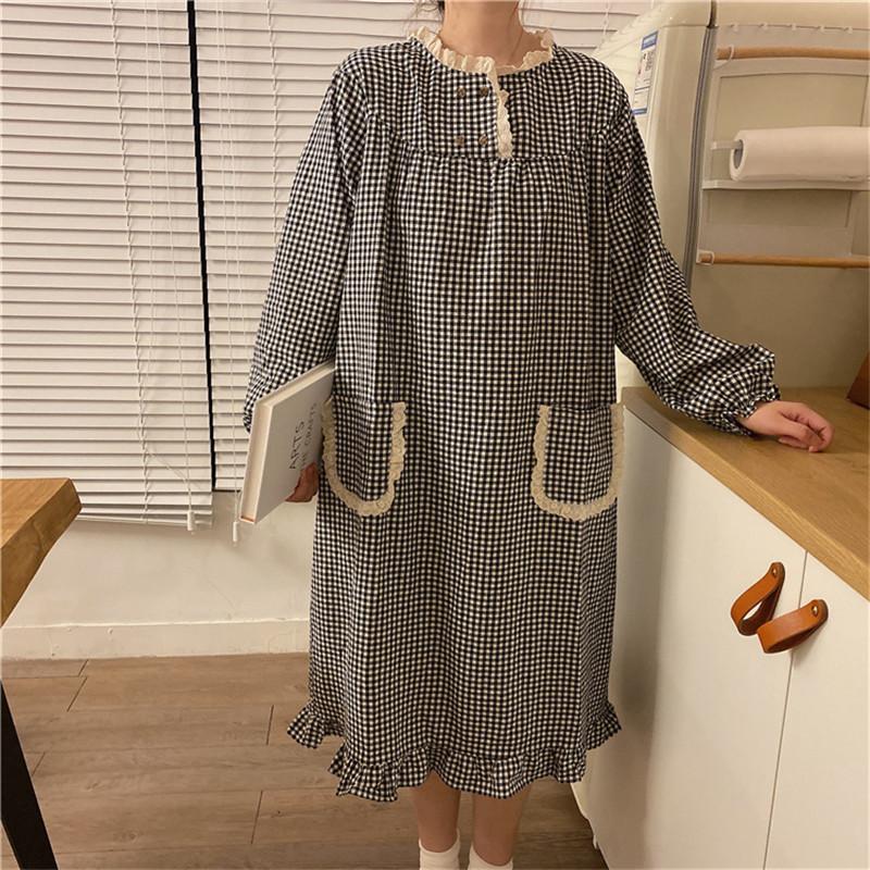 Spring women classic plaid nightdress loose embroidered grid nightgown long sleeve casual lace pockets slee dress girls L182, Black
Spring women classic plaid nightdress loose embroidered grid nightgown long sleeve casual lace pockets slee dress girls L182, Black