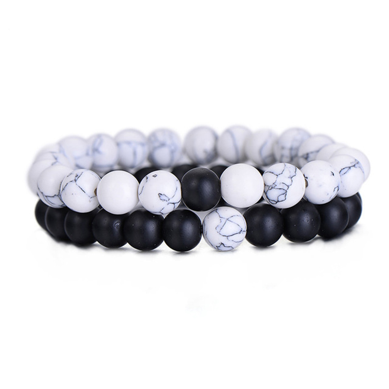 8MM Natural Lava Stone Strands Distance Bracelets Men Women Volcanic Rock Beads Couple Bracelet White Howlite Stone Lovers Bracelet Set Jewelry Gift
