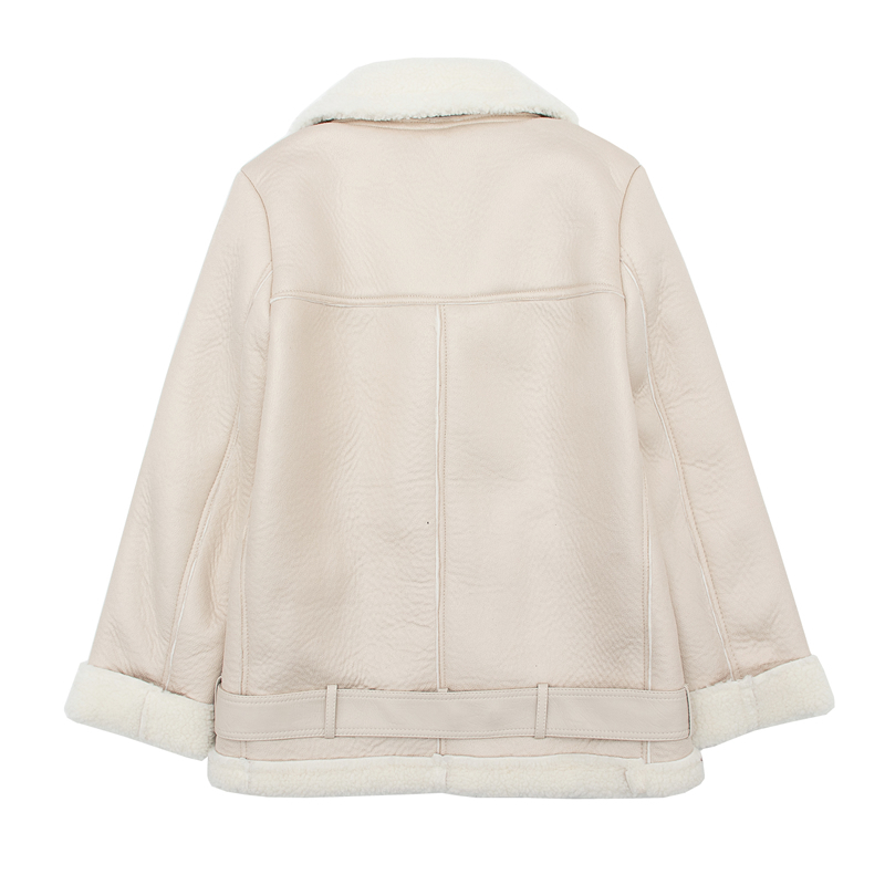 Ly Varey Lin New Women Lamb Fur Faux Leather Jacket Coat Turn Down Collar Winter Thick Warm Oversized Zipper With Belt Outerwear 201020