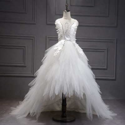 Elegant Swan Crystal Tulle Trailing Flower Girl Dress Evening Gown Kids Pageant Dress Birthday Party Feather Lace Princess Dress 220617