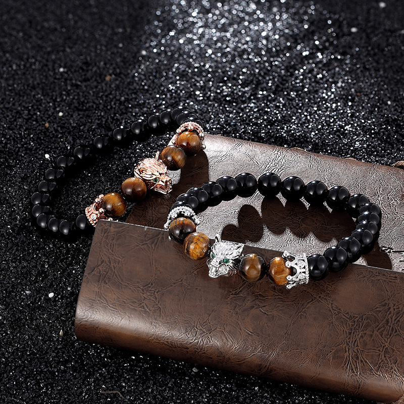Classic Man Style Tiger Eye Beads Strands Wolf Head Charm Bracelet New Fashion Male Jewelry