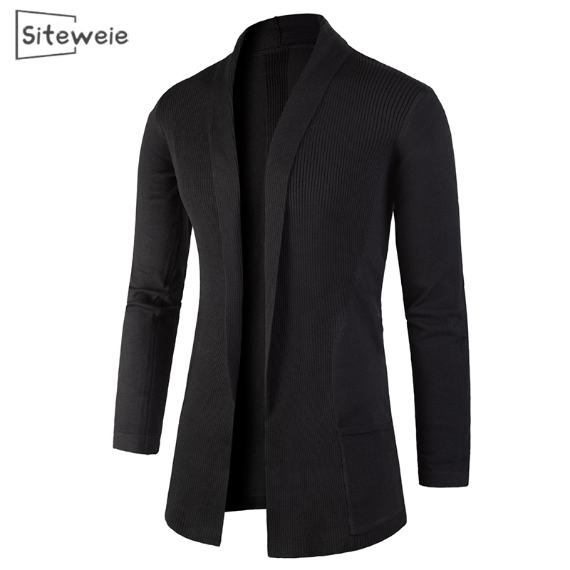 SITEWEIE New Men's Lapel Cardigan Sweater England Style Men Korean Trendy Slim Solid Color Jacket Sweater Long Coat L437 201118