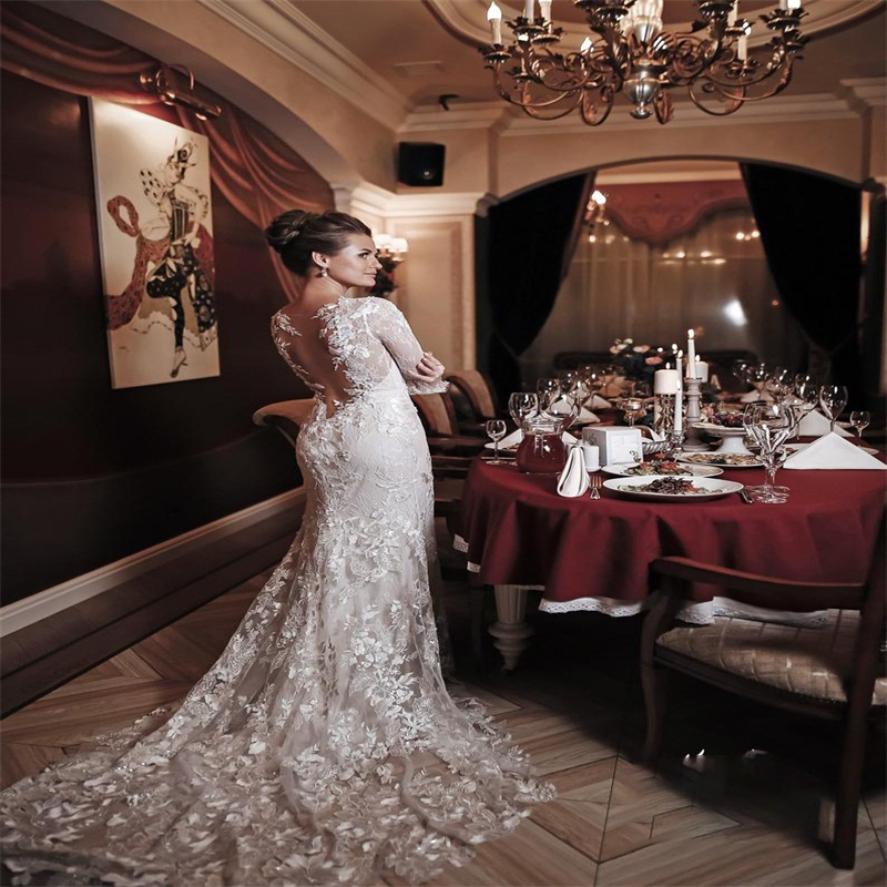 High Neck Mermaid Wedding Dresses Long Sleeves Appliqued Lace Bridal Gowns Sexy Illusion Sweep Train Custom Made Robes De Mariée