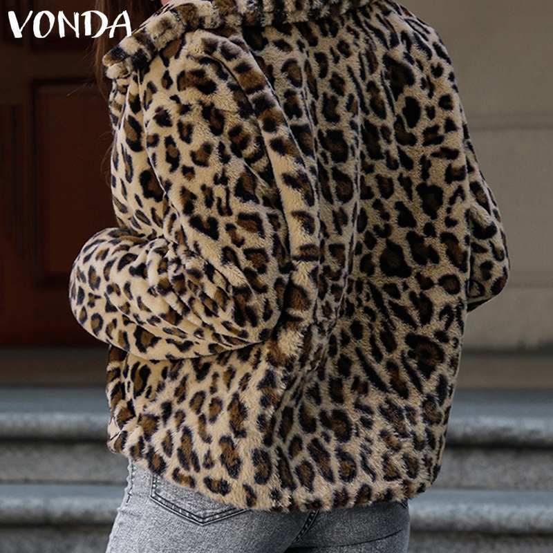 2019 VONDA Women's Fashion Long Sleeve Casual Warm Fleece Jackets Leopard Print Cardigan Oversized Winter Faux Fur Coats Outwear T200111
