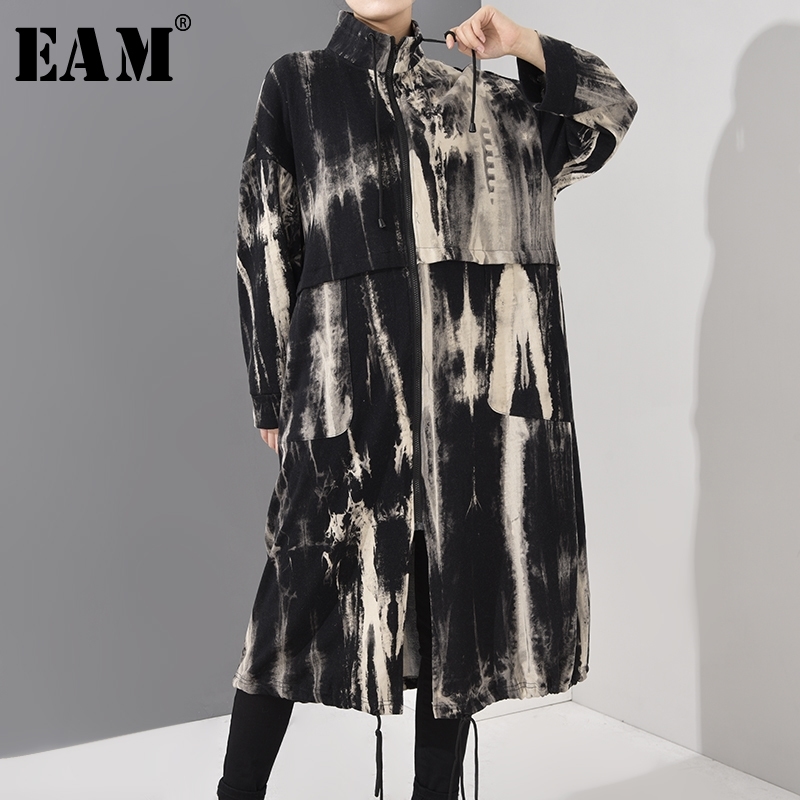 [EAM] Women Black Pattern Printed Big Size Trench New Stand Collar Long Sleeve Loose Fit Windbreaker Fashion Spring LJ201128