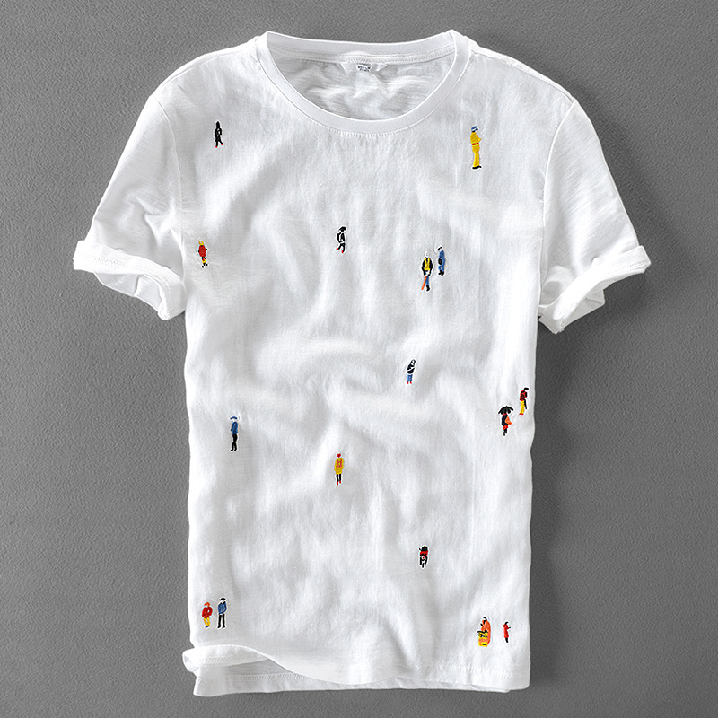 Cartoon embroidery stitching linen short sleeve T-shirt men brand casual round neck elastic white cotton male t shirt camisa
Cartoon embroidery stitching linen short sleeve T-shirt men brand casual round neck elastic white cotton male t shirt camisa