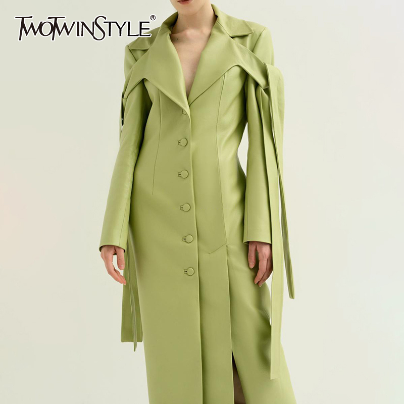 TWOTWINSTYLE Lace Up PU Leather Women's Coat Lapel Collar Long Sleeve Coats Female Large Size 2020 Autumn Winter Fashion OL New T200805