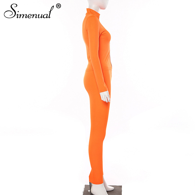 Simenual Neon Color Fitness Sports Wear Matching Set Women Casual Fashion 2 Piece Outfits Zipper Long Sleeve Top And Pants Sets 201104