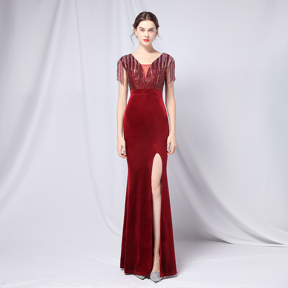 Wine Red Beaded Velvet Prom Party Dresses Tassel Sparkly V-neck Mermaid Full length Evening Dress Koftan Doubai robes de soirée