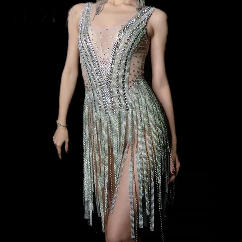 Glisten Silver Rhinestones Tassel Perspective Dress Women's Birthday Party Bodysuit Stage Female Singer Dance Show Outfit Dress
Glisten Silver Rhinestones Tassel Perspective Dress Women's Birthday Party Bodysuit Stage Female Singer Dance Show Outfit Dress