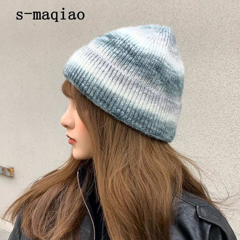 

Soft Women Multicolor Tie dye Hat Slouchy Caps Autumn Winter Femme Ribbed Cotton Beanies baggy Hats Gorros Gradient Knitted Hat, Green