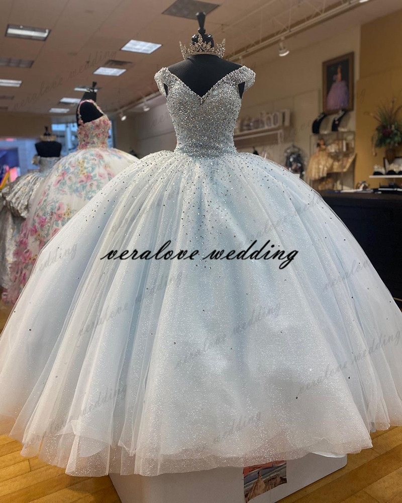 Light Blue Off Shoulder Beads Princess Quinceanera Dress Ball Gown Sweet 15 Party Gowns Appliques Lace Custom Mexican Prom Dress