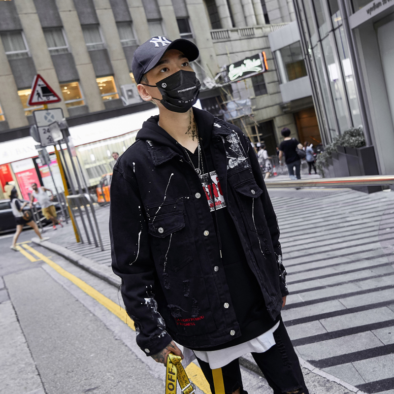 Men Streetwear Graffiti Appliques printed Jeans Jacket Hipster Holes Loose Hip Hop motorcycle Cotton black Casual Denim Jackets 201218