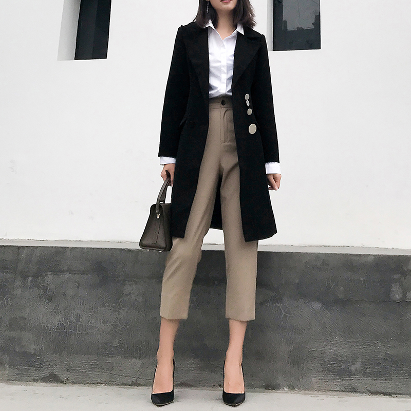 EAM Women Black Button Stitch Long Blazer Lapel Sleeve Loose Fit Jacket Fashion Spring Autumn 1W524 201114