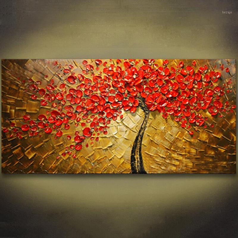 

Paintings Unframed Panel Wall Art Palette Knife Hand Painted Red Tree Flower Oil Painting On Canvas Pictures For Living Room1
