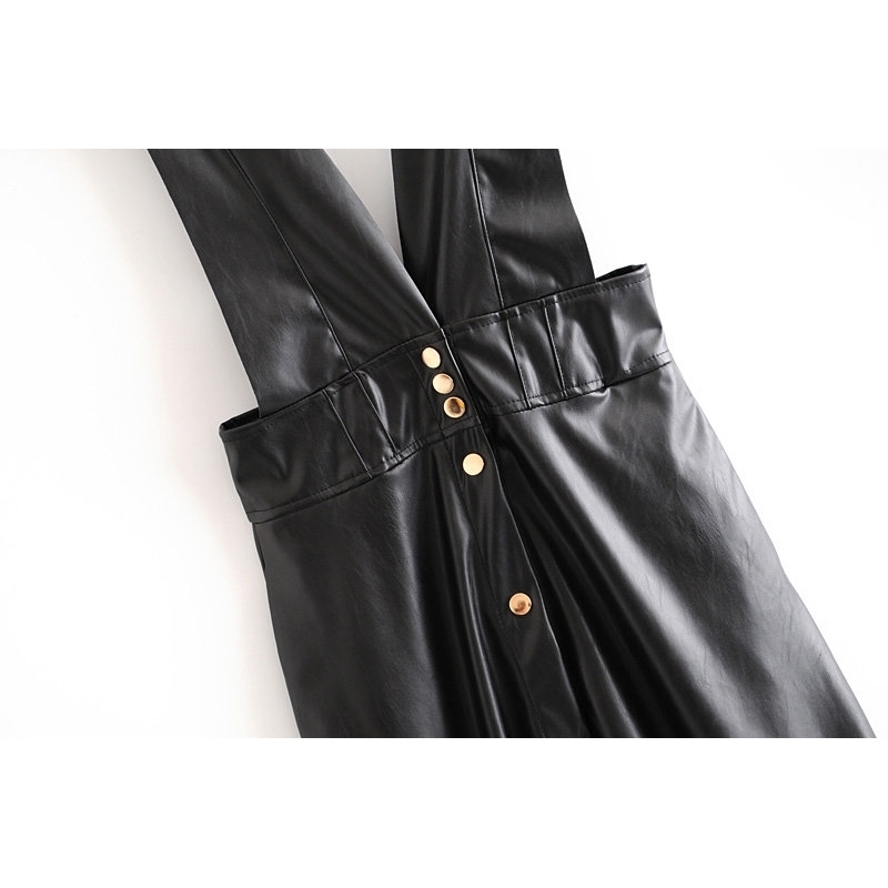 Fashion Autumn Winter Women Midi Mid-Calf Faux Leather Tank Dresses Office Ladies A-Line V-Neck Buttons Pockets PU Dress T200911