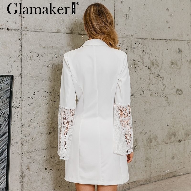 Glamaker Sexy lace patchwork blazer dress women Retro flare sleeve white dress Club party autumn short dress elegant vestidos T200320