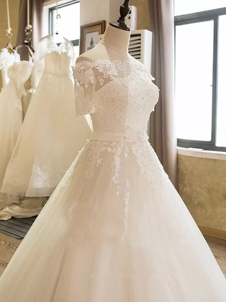 2022 Elegant Wedding Dresses Bridal Gown Lace Applique Ribbon Off the Shoulder Short Sleeves or Length Chapel Garden Vestidos De Novia Plus Size Custo