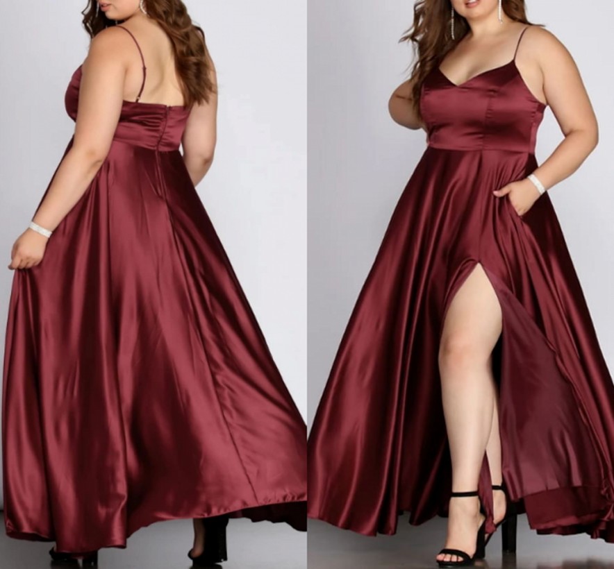A-Line Plus Size Burgundy Engagement Evening Dress V Neck Sleeveless Split Floor Length Satin Formal Party Gown New Robes De Soirée Vestidos Feast 202