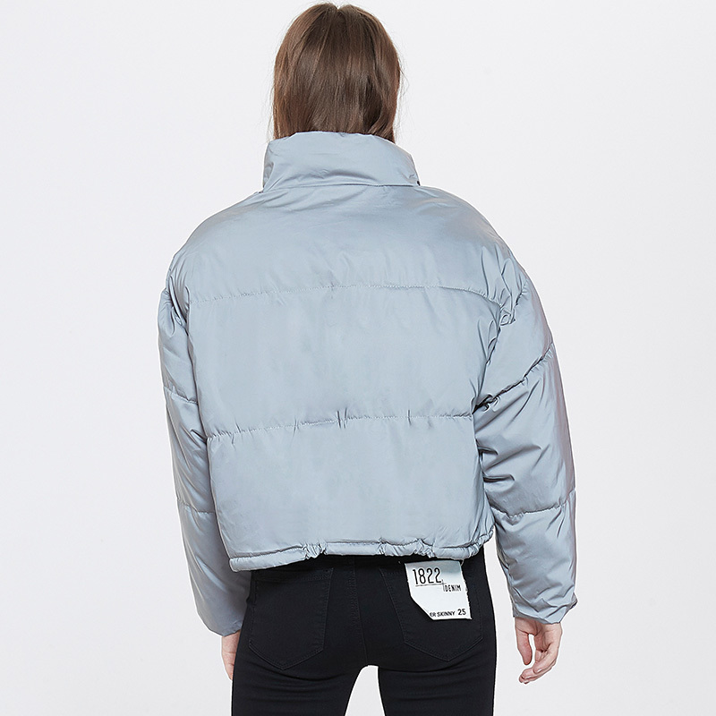 Fluorescent Clothing Night Puffer Jacket Women Reflective Winter Thick Cropped Jacket Sexy Streetwear Crop Top Luminous Coat 201217
