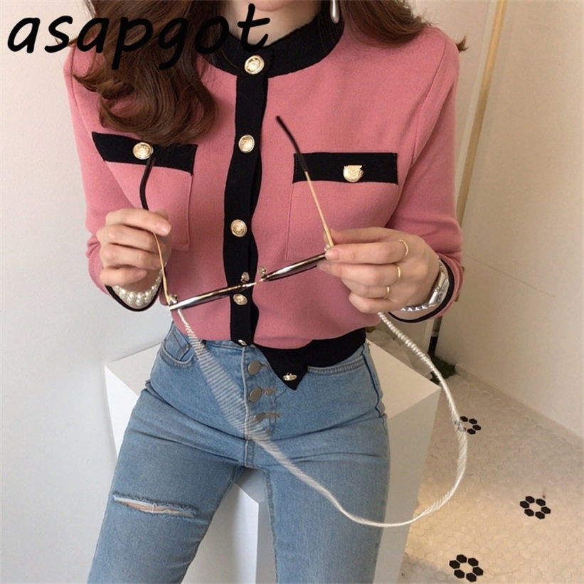 Chic French Autumn Fragrant Pink Loose Round Neck Contrast Color Sweater Women Short Gold Button Pocket Cardigan Orange Casual 201222