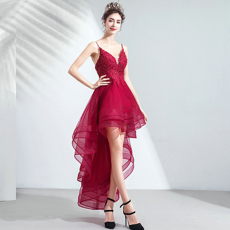 Lamya Lace Appliques High Low Evening Party Dresses V Neck Spaghetti Strap vestido de festa Short Front Long Back Fromal Gown 201114