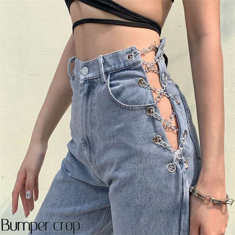 Bumpercrop Sexy Link Chain Boyfriend Women Hollow Out High Waisted Jeans Femme Denim Loose Ladies Pants Vintage Jean