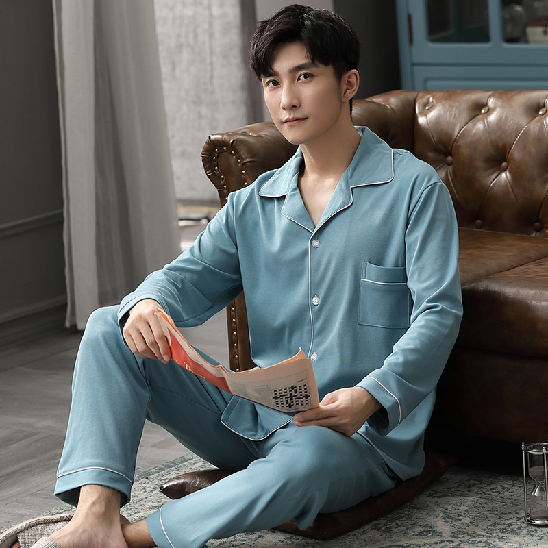 Winter 100% Cotton Pajamas Men Nightwear Blue Full Sleeves Sleepwear PJ Solid Pijama Hombre Homewear Cotton Pyjama Homme Hiver 201109