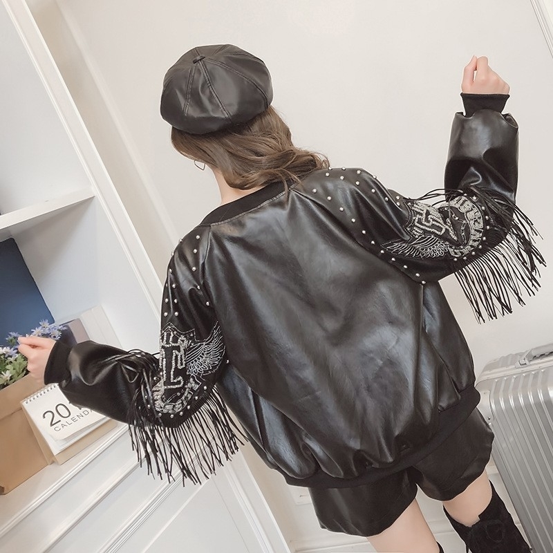 Spring Autumn Tassel Rivet Short Biker Soft Pu Leather Jacket Women Print Long Sleeve streetwear Zippers Female Coats PY31 201020