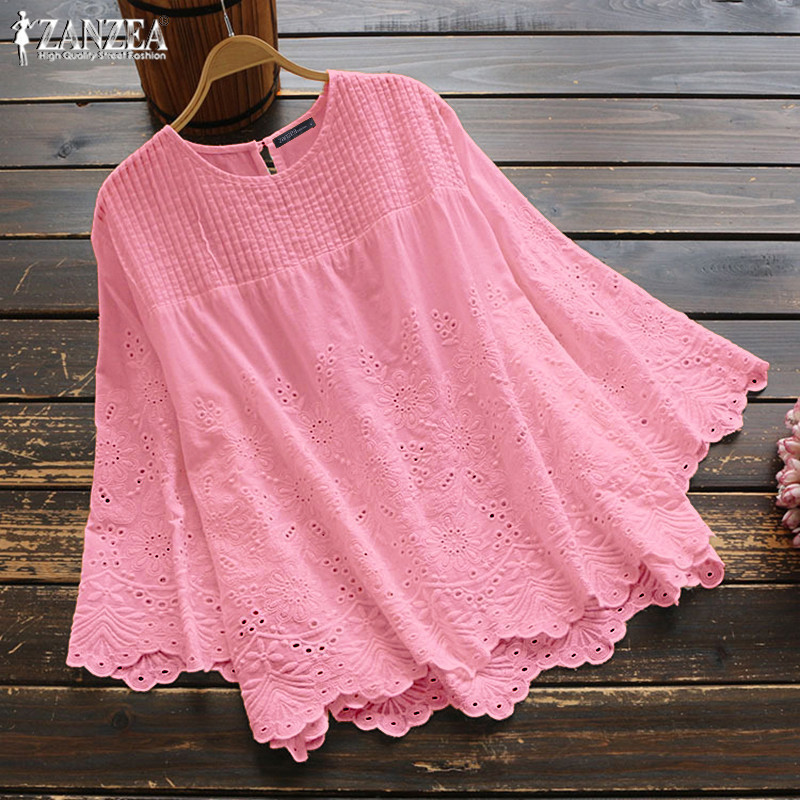 ZANZEA Fashion Lace Tops Women's Autumn Blouse Casual Pleated Hollow Blusas Female 34 Sleeve Shirts Plus Size Tunic 5XL T200322