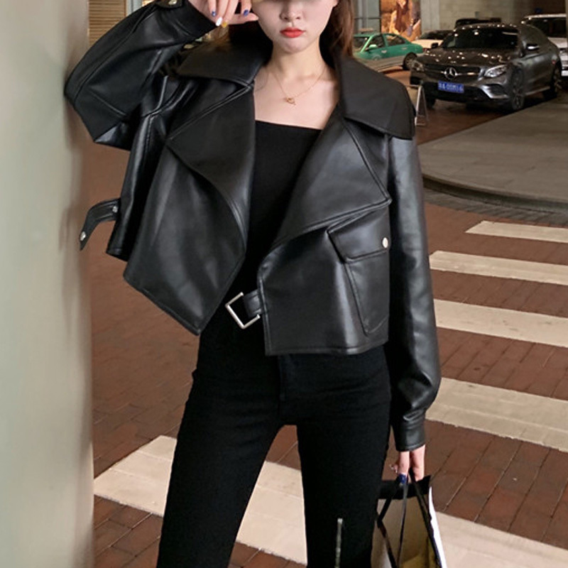 Women Outwear Jacket Pocket Beige Black Pu Faux Leather Notch Collar Moto Mobike Solid C0258 201030
