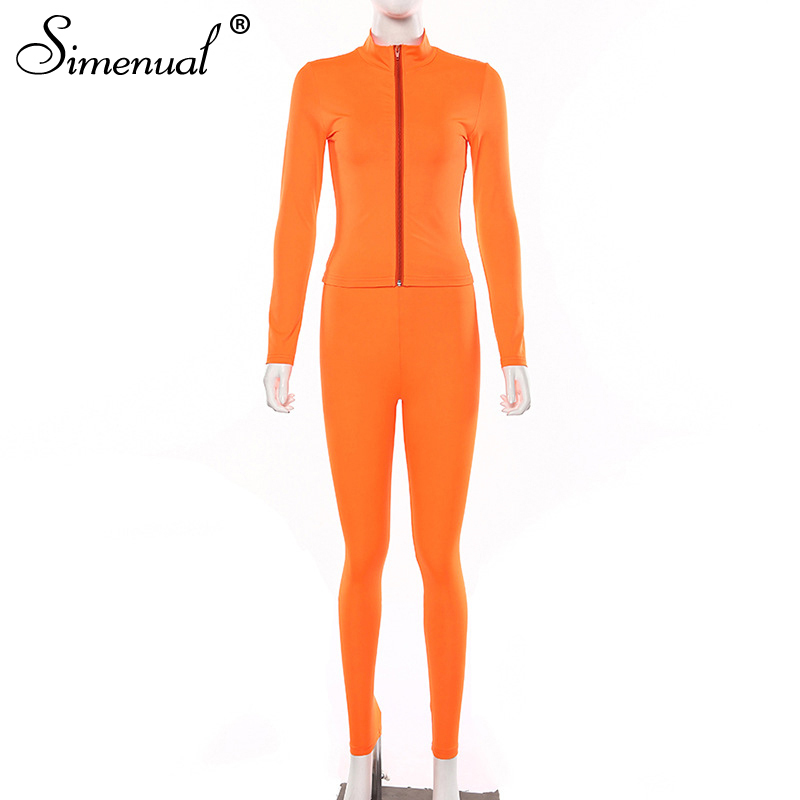 Simenual Neon Color Fitness Sports Wear Matching Set Women Casual Fashion 2 Piece Outfits Zipper Long Sleeve Top And Pants Sets 201104