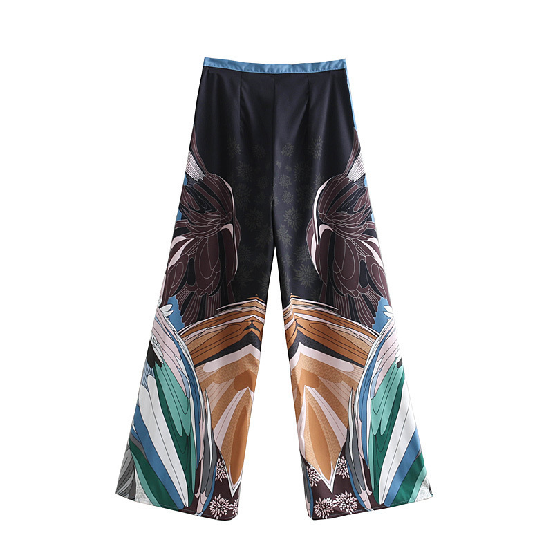 CHEERART Japanese Wide Leg Pants Women Ukiyoe Print Summer Pants Loose Trousers Palazzo Pants Blue Clothing 201106