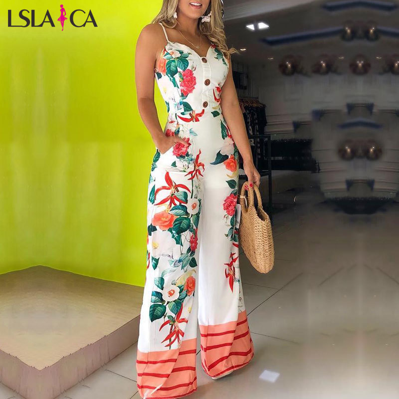 Lslaica Jumpsuits Women Printed sling piece trousers fashion trend elegant loose comfortable jumpsuit autumn female T200509