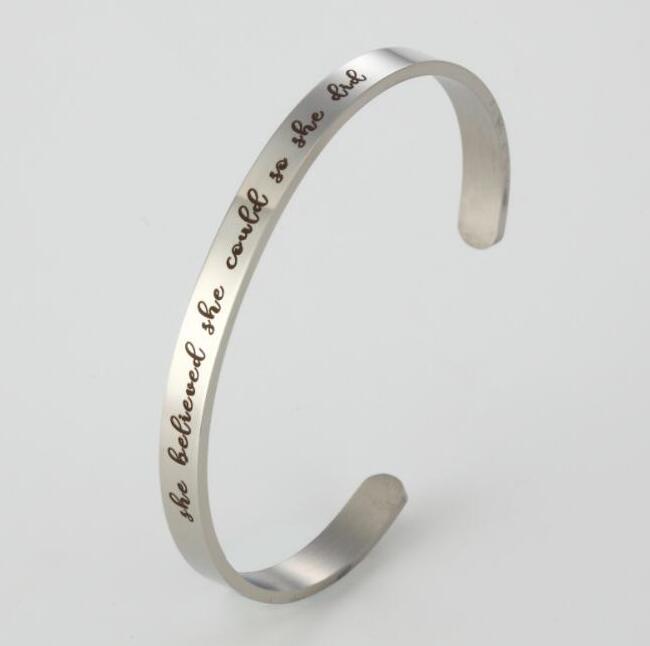 Stainless Steel Inspirational Cuff Bangle She believed she could so she did Personalized Letter Word bracelets for women men Lovers Fashion Jewelry Wh