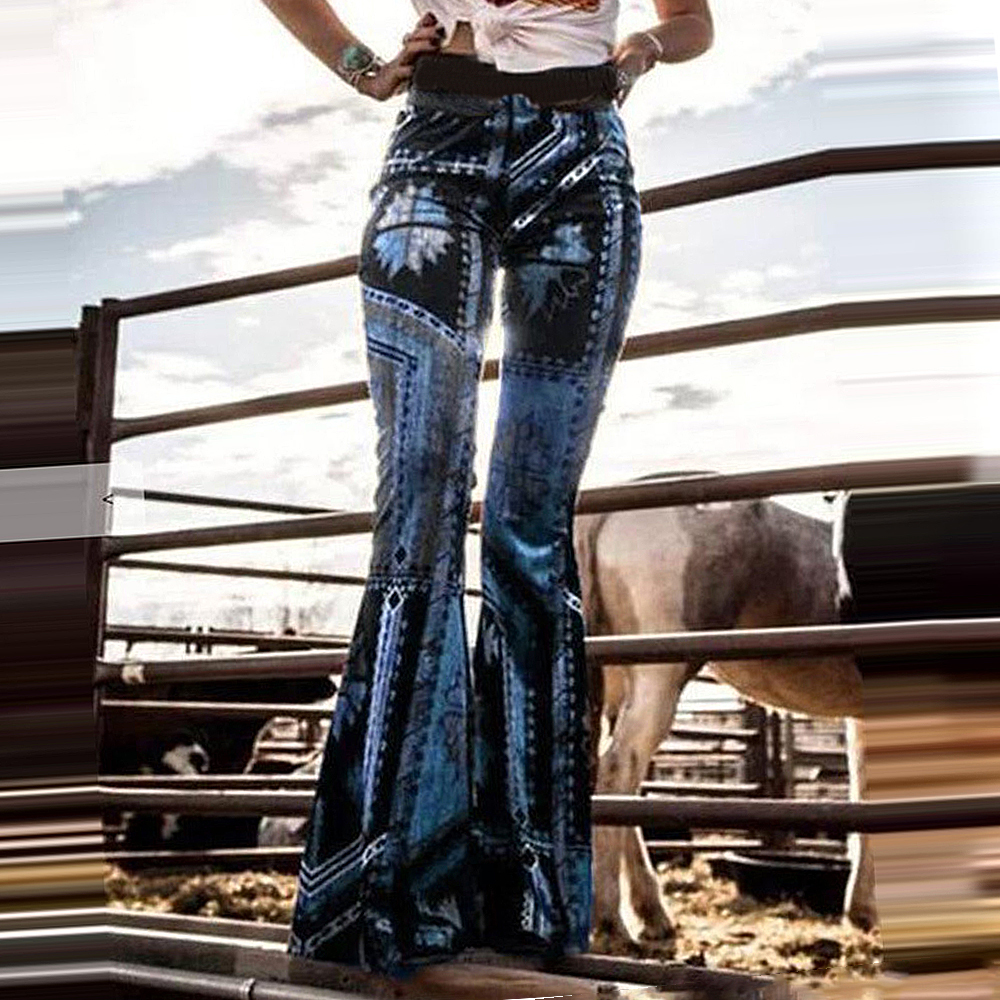 CYSINCOS Fashion Women Pants Flared Legged Bell Bottom Sexy Skinny Boho Floral Print Pants Stretch High Waist Boot Cut Pants 201111