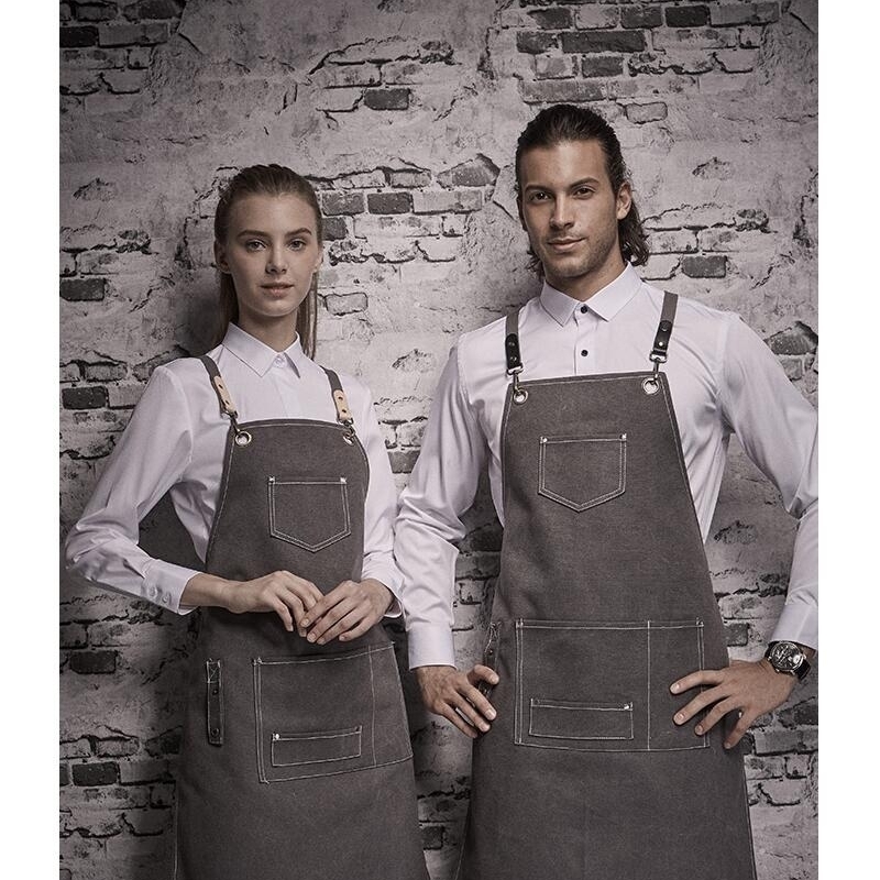 Heavy Duty Waxed Canvas Work Apron with Tool Pockets BBQ Coffee Bib Chef Kitchen ApronCrossBack Straps & Adjustable ML 201007