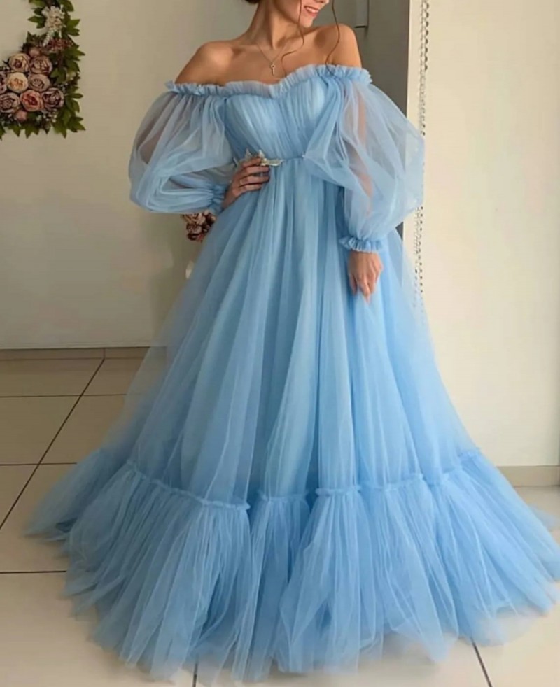 Sky Blue Engagement Prom Dress Off Shoulder Long Puffy Sleeve Floor Length Tulle Formal Party Gown Vestidos Fiesta Robe De Soiree 2024