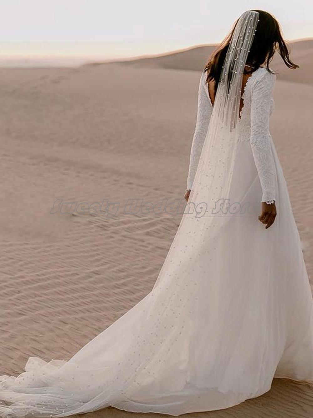 Boho Beach Chiffon Wedding Dress Custom Long Sleeves V Neck Backless Bohemian Bridal Gowns Sweeptrain Robe Soire De Mariage Cg001