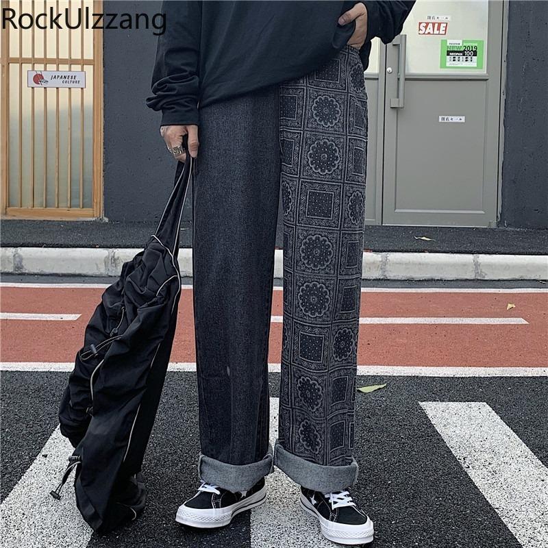 Loose Straight Paisley Bandana Patchwork Denim Pant Jeans Trouser Fashion Baggy Japanese Streetwear Hip Hop Washed Blue Black1