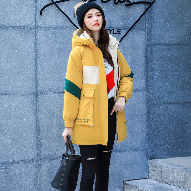 Korean Style Women's Jackets Patchwork Long Parkas Female Winter Hooded Letter Print Thick Oversized Stand Collar Outwear 201019