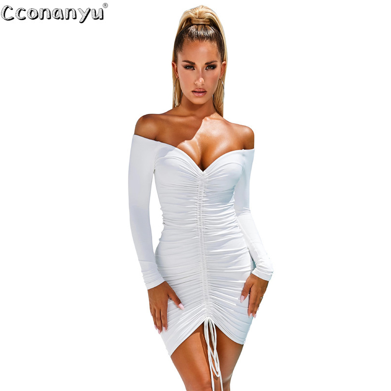Ladies sexy drawstring dress Autumn Winter black White Slash Neck short dresses long Sleeve Solid Mini Club Dress vestidos 201029