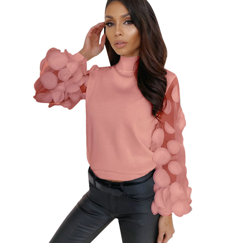 Women's Sheer Mesh See-through Blouse New Fashion Elegant Slim Polka Dot Puff Long Sleeve Tops Shirt Turtleneck Fall Blouse 201201