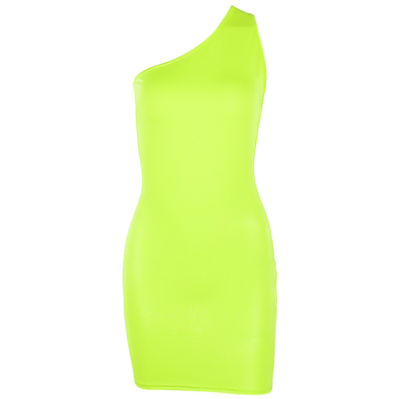 Bangniweigou Sexy Cutout Slash One Shoulder Lime Dress Women Green Orange Neon Party Slim Mini Dress Femme Short Vestidos Summer T200604