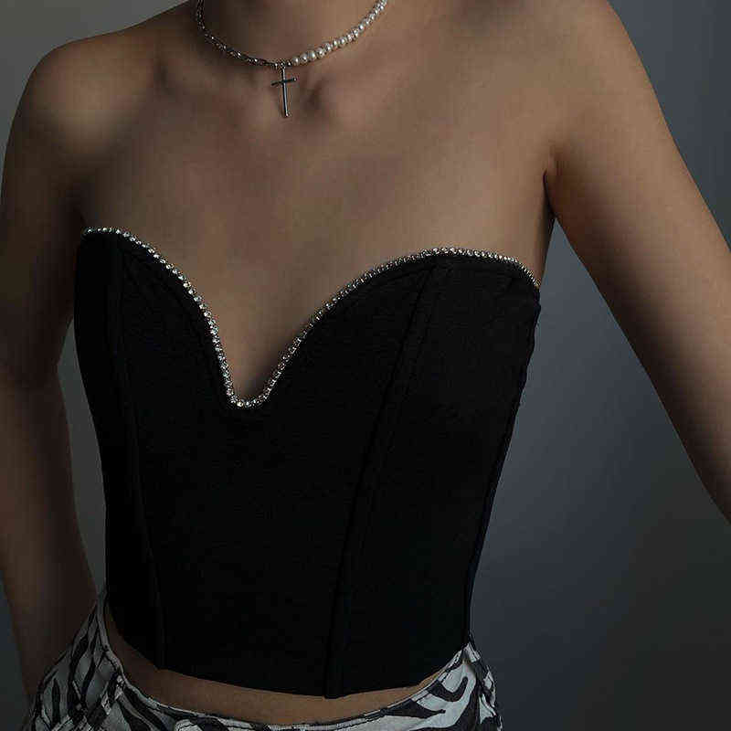 Women Strapless Corset Tube Top Summer Rhinestone Deep V Neck Off Shoulder Camis Vest Female Basic Crop Top Black Party Yuqung Y220308