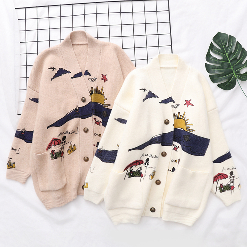 AZYT Cartoon Print Knitted Cardigan women's Jacket Autumn Korean Loose V Neck Sweater Coat Front Pocket Women's Cardigans 201031