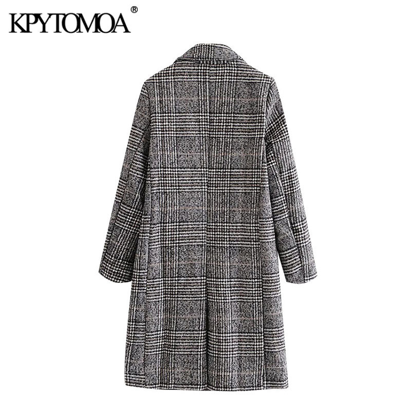 KPYTOMOA Women Fashion Double Breasted Houndstooth Woolen Coat Vintage Long Sleeve Back Vent Female Outerwear Chic Overcoat 201222